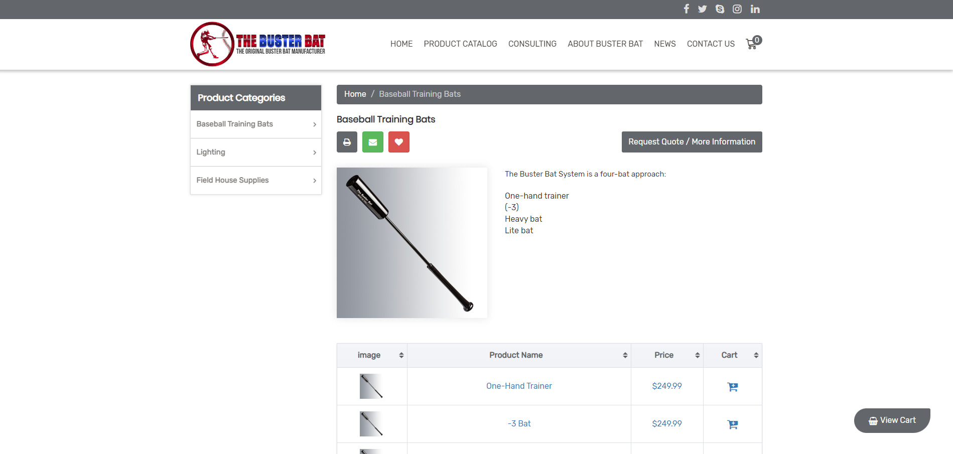 Products page for Buster Bat